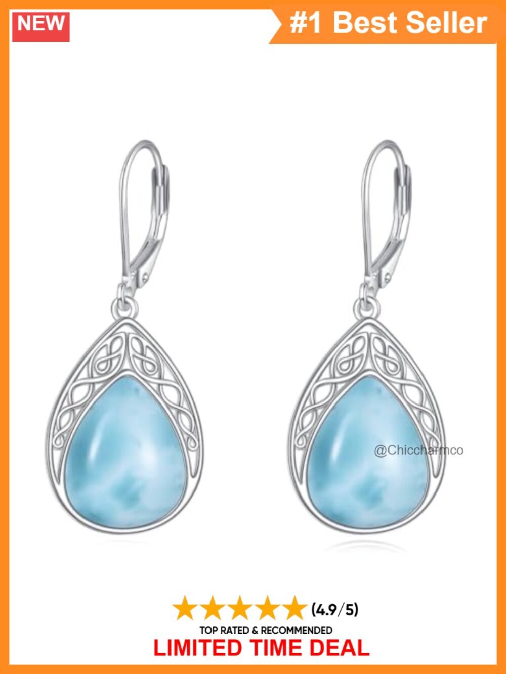 S925 Sterling Silver Celtic Knot Larimar Teardrop Dangle Earrings